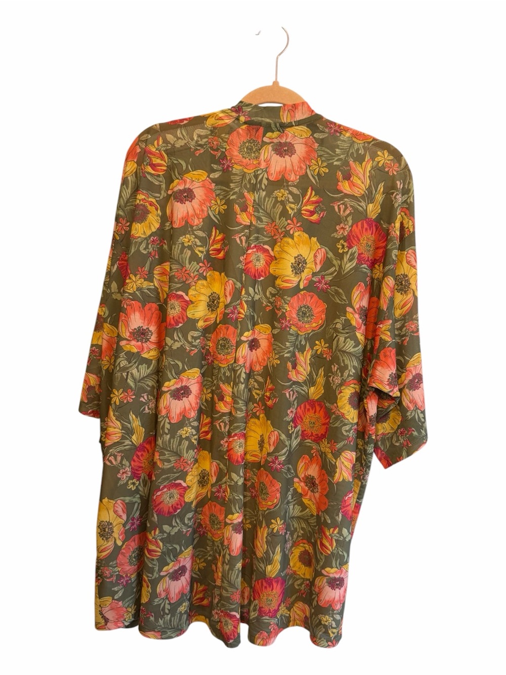 Lane Bryant Olive Floral Drape Kimono with Pink and Yellow Blooms - Picture 2 of 3